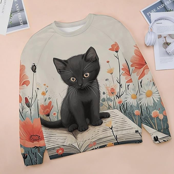 Long Sleeve Shirts for Women Cat Oil Painting Shirt 3D Graphic Sweatshirts Fall Pullover Crewneck Vintage Boho Tops