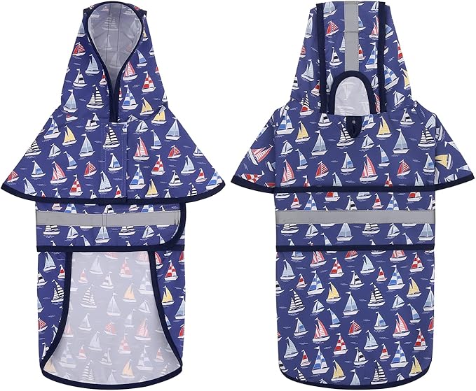 HDE Dog Raincoat Jacket Reflective Adjustable Hooded Pet Poncho Rain Coat with Leash Hole for Small to X-Large Dogs Nautical Boats - M