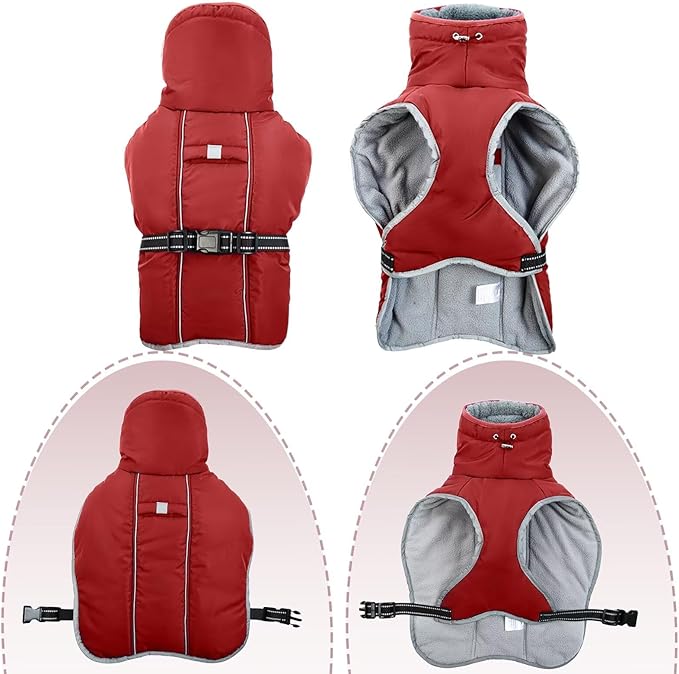Dog Coats for Large Dogs,2XL Warm Fleece Winter Jacket,Dog Coat with Leash Hole,Waterproof Pet Cold Weather Coats Vest,Dogs Winter Clothes,Reflective Turtleneck PRT Snowsuit,Red,2XL
