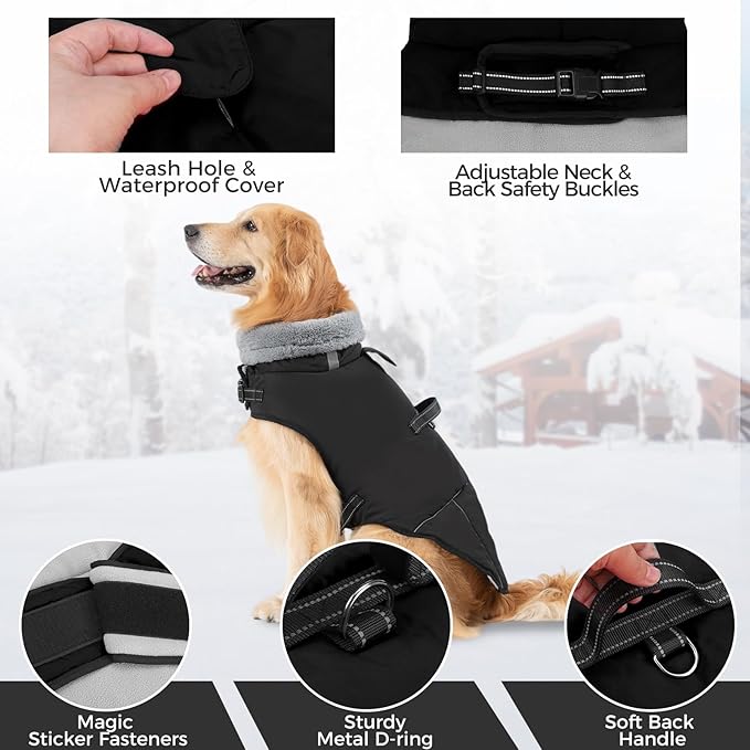 Mihachi Dog Coat for Medium Dogs, Warm Dog Winter Coat Waterproof Dogs Jacket with Harness Built in Reflective Pet Fleece Vest, Puppy Cold Weather Coats Turtleneck & Windproof Dogs Snowsuit, Black M