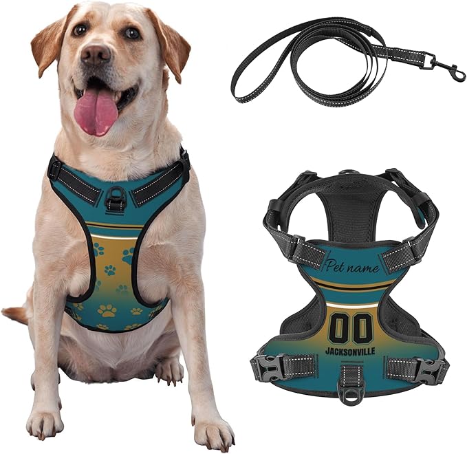 Custom Jacksonville Dog Harness with Reflective Stripes Personalized Name and Number Dog Vest Harness with Pet Traction Rope for Small Medium Large Dog