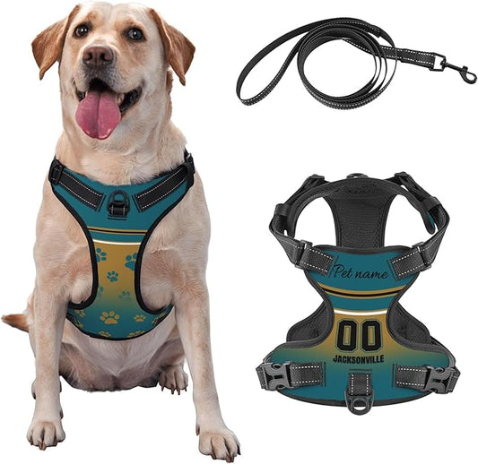Custom Jacksonville Dog Harness with Reflective Stripes Personalized Name and Number Dog Vest Harness with Pet Traction Rope for Small Medium Large Dog