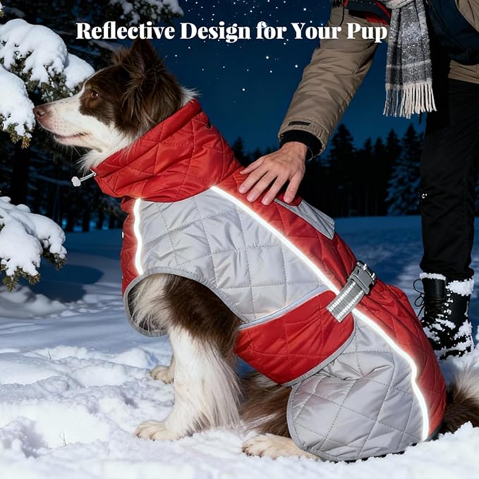 Dog Coat Dogs Winter Coat- Fleece Lined,Water-Resistant,Convertible Collar,Back Reflective Strip&Easy to Wear for Outdoor Walking Dog-Jacket(Red, Large)