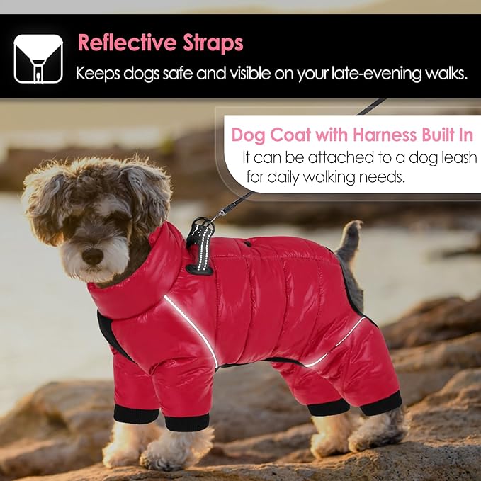 AOFITEE Dog Coat, Waterproof Dogs Jacket for Winter, Warm Fullbody Small Dog Snowsuit, Winter Coat for Small Dogs, Zip Up Pet Puffer Jacket Fleece Vest, Reflective Pet Snow Jackets, Christmas Red