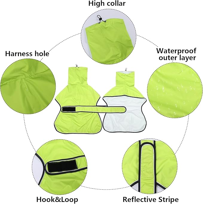 Dog Raincoat with Reflective Bar, Rain/Water Resistant, Adjustable Vest - Dog Raincoats for Greyhounds, Lurchers and Whippets - Light Green - L