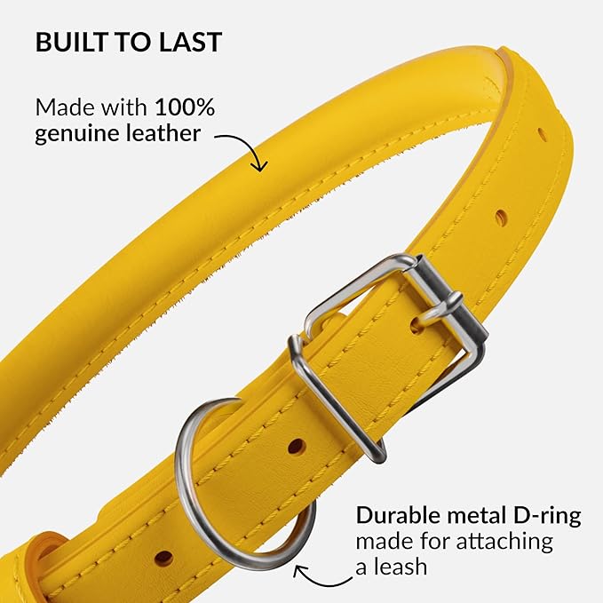 CollarDirect Rolled Leather Dog Collar, Soft Padded Round Puppy Collar, Handmade Genuine Leather Collar Dog Small Large Cat Collars 13 Colors (18-22 Inch, Yellow Smooth)
