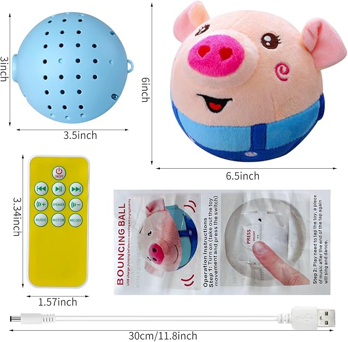 Interactive Dog Ball - Self Moving Plush Pet Toy with Music & Remote Control - Keeps Small/Medium/Large Dogs Busy (Blue Pig)