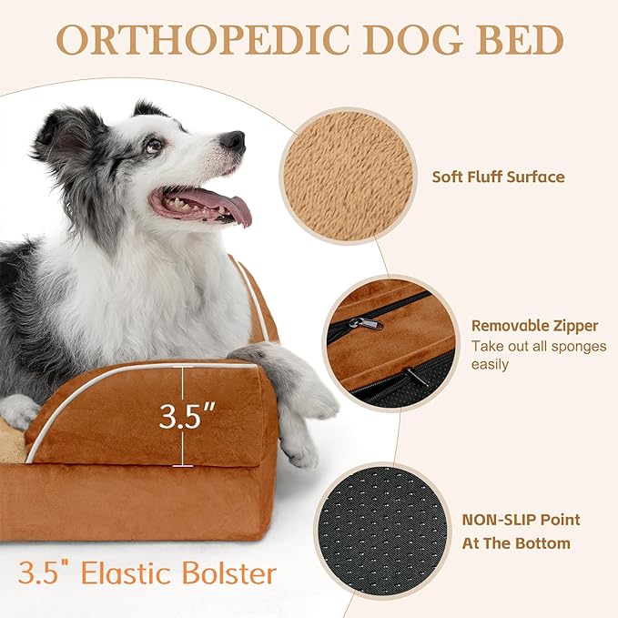 Comfort Expression Orthopedic Dog Bed for Small Dogs 20x14 Inch, Waterproof Supportive Egg Crate Foam Small Pet Bed with Removable Bolsters, Dog Couch with Washable Cover & Non-Slip Bottom, Orange