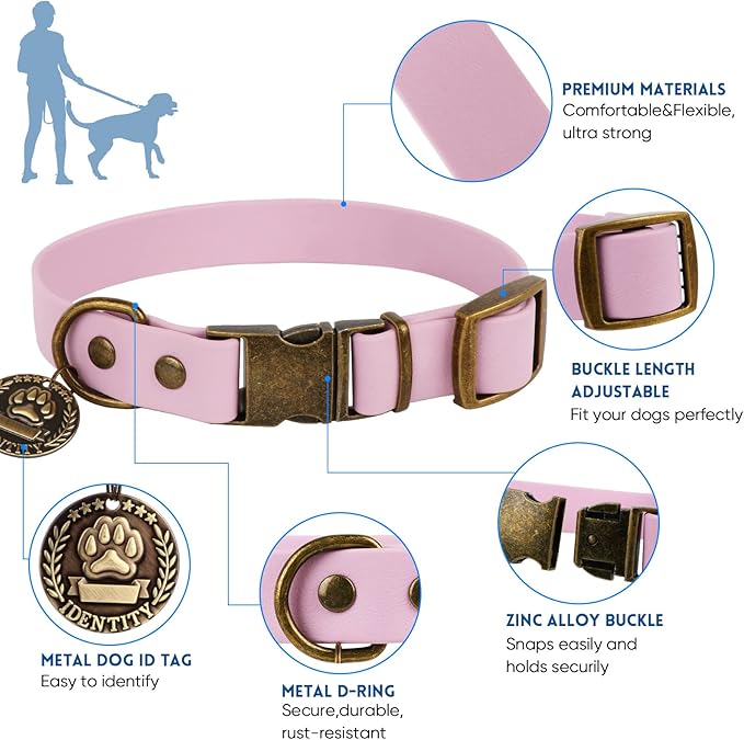 Wisedog Dog Collar and Leash Set, Waterproof Adjustable Puppy Collars with Cute Tag 6FT Dog Leash with Poop Bag for Small Medium Large Dogs (S, Pale Pinkish Purple)