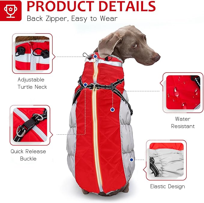Dog Winter Coat with Harness, Dog Jacket, Pet Clothes with Zipper on Back, Waterproof Windproof Warm Vest, Reflective Cold Weather Coats, for Small Medium Large Dogs, Thick, Red, 3XL