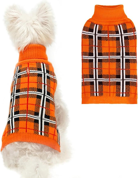 PUPTECK Dog Sweaters for Large Medium Small Dogs - Fall Classic Plaid Style Puppy Holiday Winter Coat Clothes Warm, Reddish Orange, S