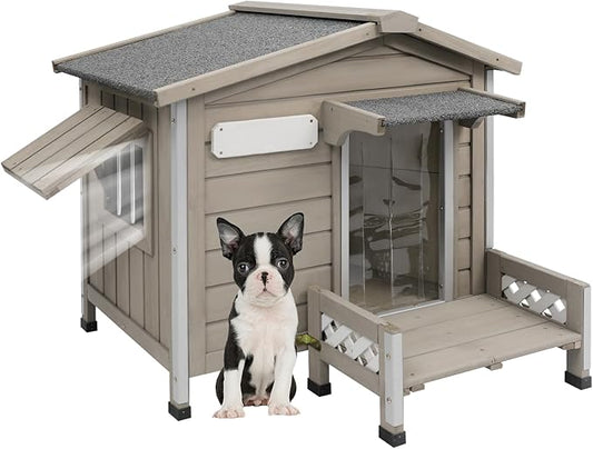 34" L Outdoor Dog House with Porch, Removable Floor, Raised Feet Anti-Chewing Iron Frame – Weatherproof Wooden Dog Kennel for Indoor/Outdoor Use, Ideal for Small to Medium Dogs