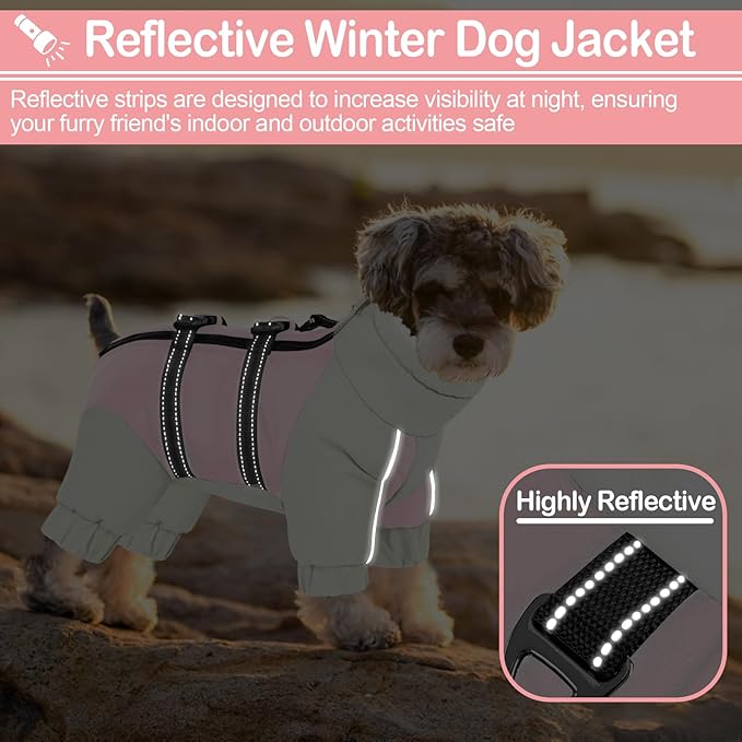 KOESON Four Legged Winter Coat, Warm Small Dog Jacket with Adjustable Buckles, Turtleneck Windproof Fleece Jackets, Reflective Fullbody Snowsuit Puffer Pink Grey S