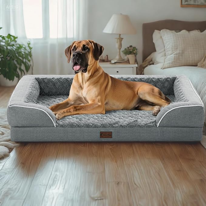 Orthopedic XXL Dog Beds, Waterproof Memory Foam Big Bolster Pet Bed for Extra Large Sized Dogs 53x42Inch, Non-Slip Bottom and Egg-Crate Foam Dog Couch Bed with Washable Removable Cover, Grey
