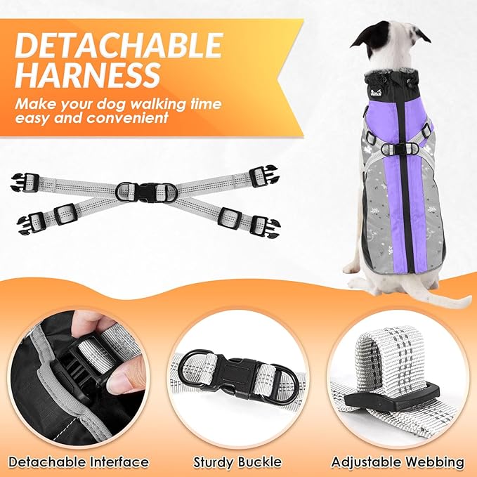 SlowTon Dog Jacket with Harness Built in - Waterproof Fleece Winter Warm Dog Coats for Small Medium Dogs, Reflective Adjustable Furry Puppy Vest Clothes for Outdoor Walking (Purple & Grey, M)