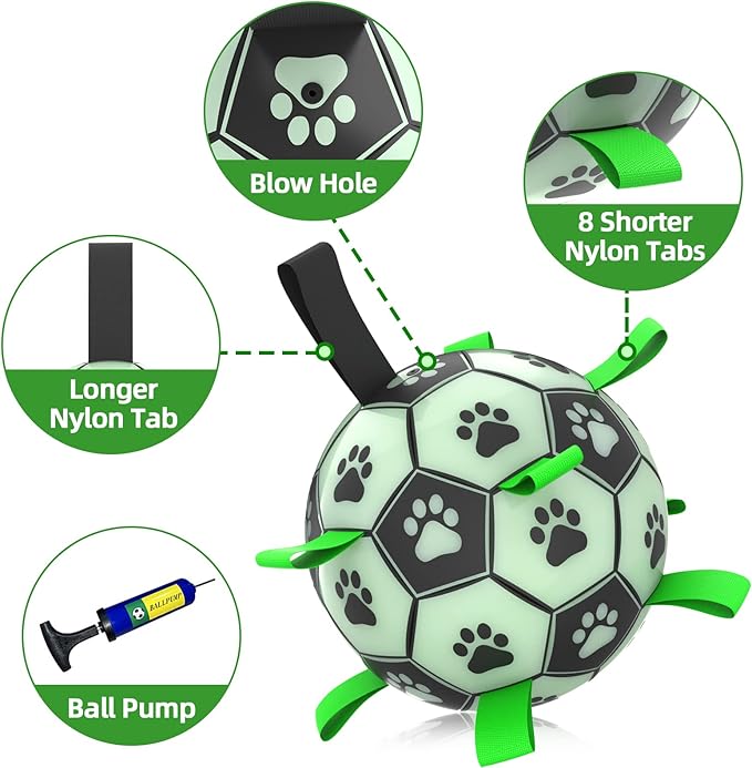 QDAN Premium Dog Ball, Glow in The Dark Dog Toys, Light Up Soccer Ball for Dogs, Outdoor Dog Toys, Doggy Water Toy, Puppy Birthday Gifts for Small Medium (6 Inch)