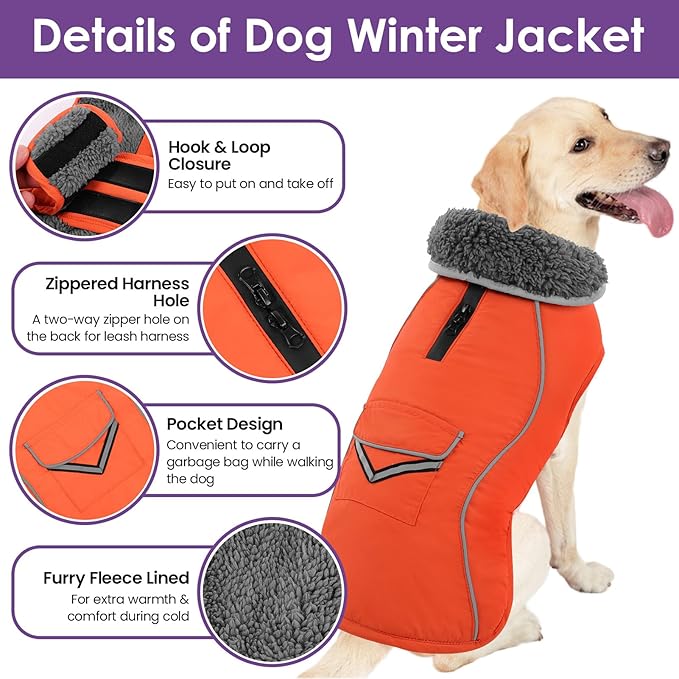 SUNFURA Small Dog Coat, Warm Dog Winter Jacket, Reflective Pet Snow Jacket with Fleece Lined, Waterproof Puppy Snowsuit Pet Sweater Clothes for Small Dogs, Orange XS