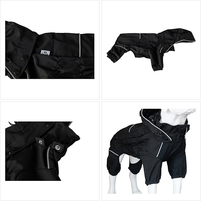 LOVELONGLONG Waterproof Dog Raincoat with Removable Hood – Outdoor Full Body Dog Jacket, Windproof Snowproof Shell Suit – All Season Pet Rain Gear Black S