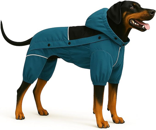 LOVELONGLONG Waterproof Dog Raincoat with Removable Hood – Outdoor Full Body Dog Jacket, Windproof Snowproof Shell Suit – All Season Pet Rain Gear Ocean Teal XS