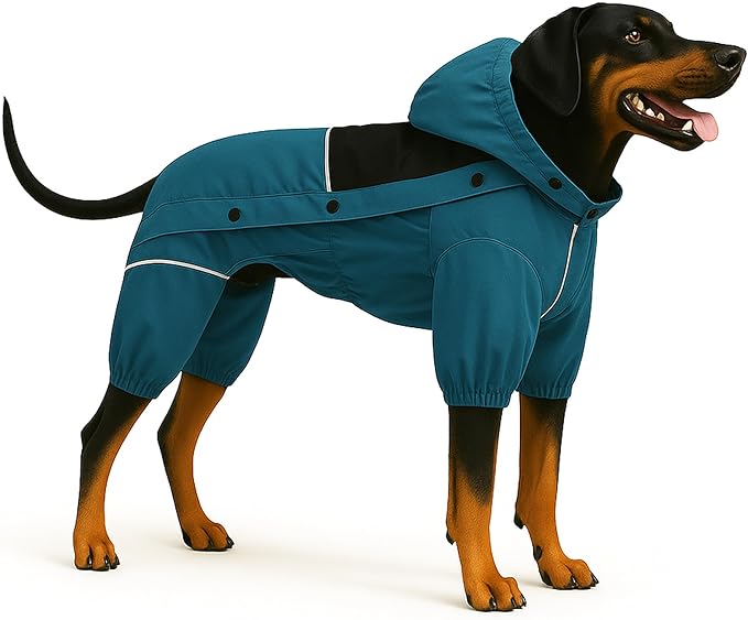 LOVELONGLONG Waterproof Dog Raincoat with Removable Hood – Outdoor Full Body Dog Jacket, Windproof Snowproof Shell Suit – All Season Pet Rain Gear Ocean Teal XXL