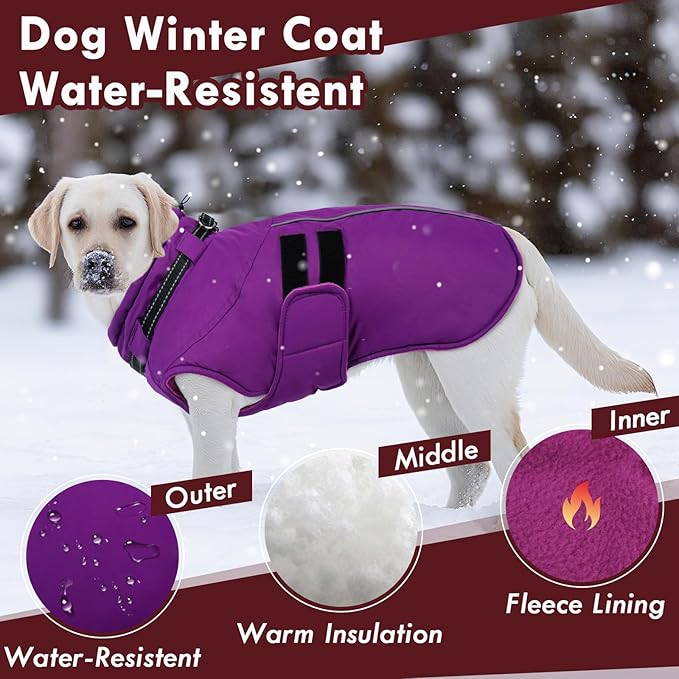 Dog Jackets for Large Dogs, Waterproof Winter Coat with Harness Built-in, Reflective Adjustable Hook&Loop Snowsuit, Warm Cold Weather Coats for Big Dogs Great Dane Doberamn, XXXXL Purple