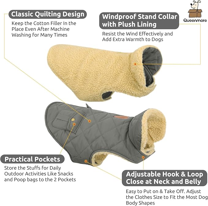 Queenmore Dog Winter Coat - Fleece Jacket, Waterproof Cold Weather Clothes, Thick Warm Cotton Padding, Easy On/Off Storage Pockets (Grey, X-Small)