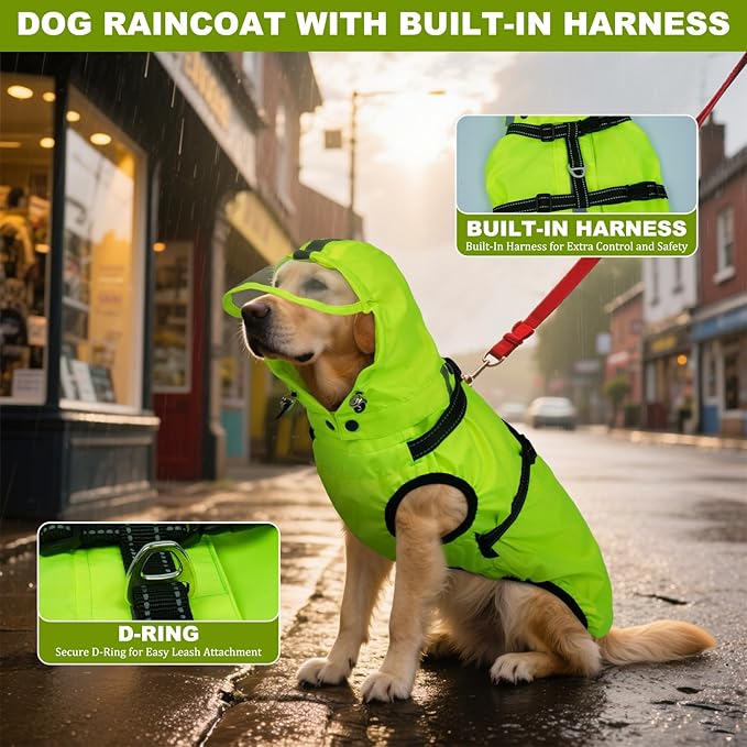 Dog Raincoat XL, Waterproof Rain Jacket for Dogs with Adjustable Built-in Harness & Back Zipper, Reflective Strip, Removable Hood, for Rainy Walks, Muddy Roads - Fluorescent Green