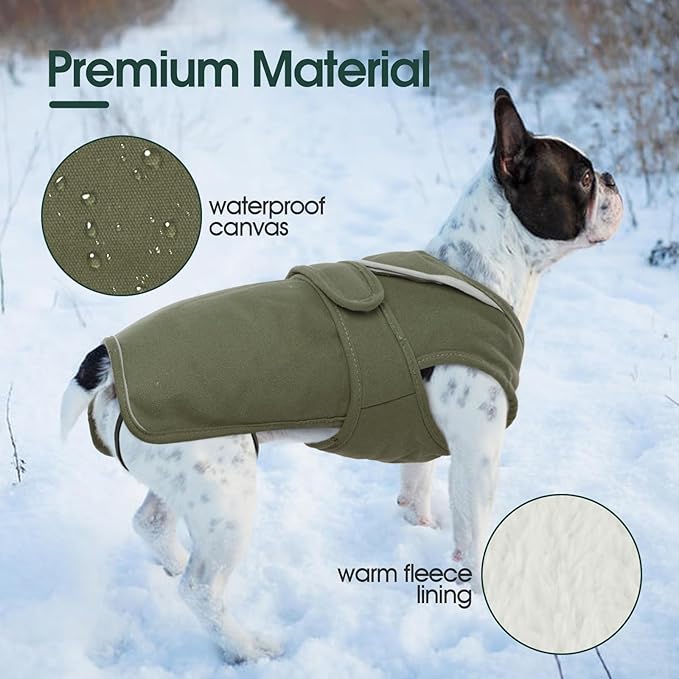 Kuoser Canvas Dog Coat, Warm Dog Jacket Reflective Fleece Pet Cold Weather Coat, Warm Doggie Clothes Waterproof Winter Vest with Zipper Leash Hole for Small Medium Large Dogs, Army Green L