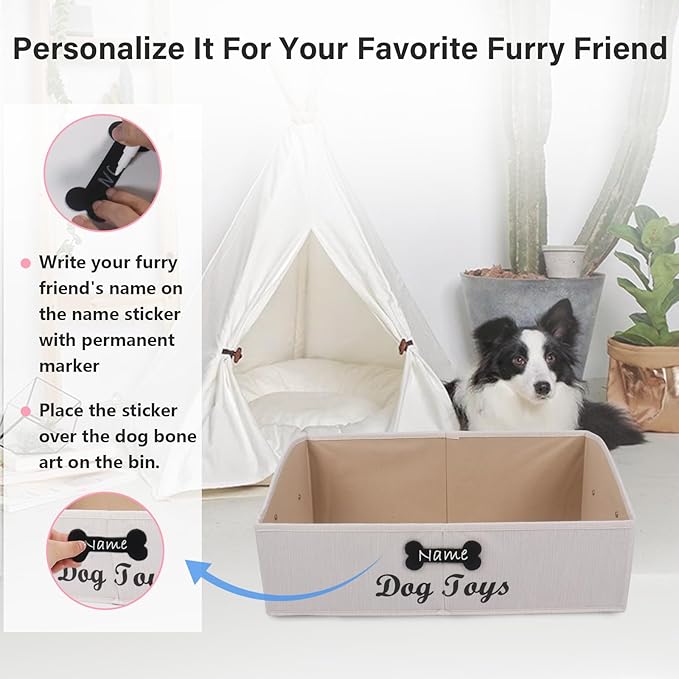 Large Dog Toy Basket Collapsible Dog Toy Box Fabric Trapezoid Dog Toy Bin Storage for organizing pet Toys/Blankets/leashes/Rope Toys/Clothing-Can be Personalized-Slub Beige