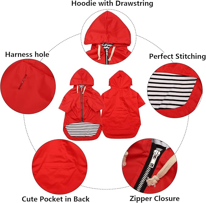 Dog Raincoat rain Jacket Raincoat Dogs Waterproof Small Medium Breeds Zip Closure Storage Pocket Harness Hole Red XS