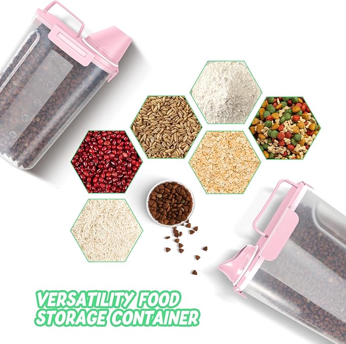 3+5Lbs 2Pack Small Cat Dog Food Storage Containers BPA Free, Airtight Pet Food Storage Containers with Large Pour Spout/1 Measuring Cup/ 4 Safety Locks and Double-Layer Silicone Strip (Pink)