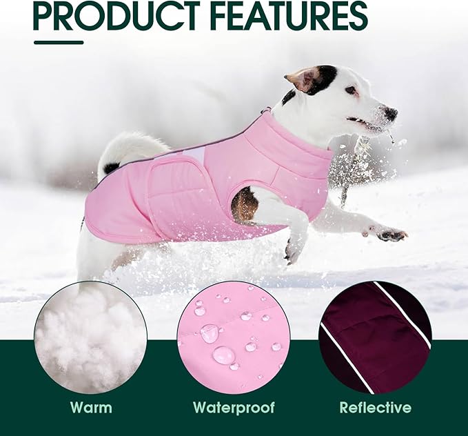 Kuoser Dog Jacket, Warm Dog Coats for Small Dogs, Reflective Doggie Winter Jacket Cold Weather Pet Coats with Leash Hole, Winter Coat Apparel for Yorkie Chihuahua, Pink XS