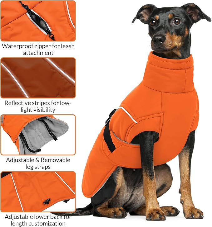 Queenmore Winter Dog Coat Warm Dog Jacket Vest Waterproof Puffer Fleece Snowsuit Adjustable Buckle Leash Hole Reflective Cold Weather Parka for Small Medium Large Dogs Girl Boy Orange XL