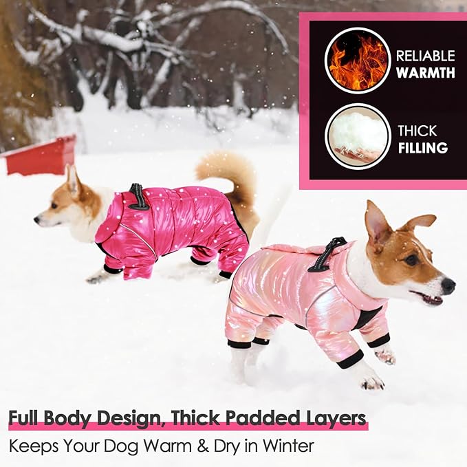 AOFITEE Dog Coat, Waterproof Dog Winter Jacket, Warm Fullbody Dogs Snowsuit, Winter Coat for Small Dogs, Zip Up Pet Puffer Jacket Fleece Vest, Outdoor Reflective Cold Weather Pet Coats, Rose Red L