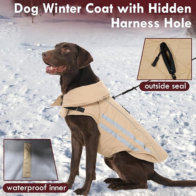 Large Dog Jacket Waterproof Warm Dog Winter Coats with Harness Hole Turtleneck Reflective Snowsuit Adjustable Fleece Coat for Dogs French Bulldog, Khaki L
