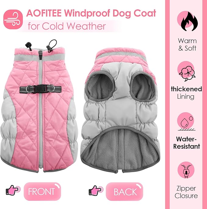 AOFITEE Dog Coat, Warm Dog Winter Coat for Large Dogs, Reflective Turtleneck Dogs Jacket with Harness Built in, Waterproof Windproof Pet Puffer Jacket Fleece Vest for Cold Weather, Pink XXXL