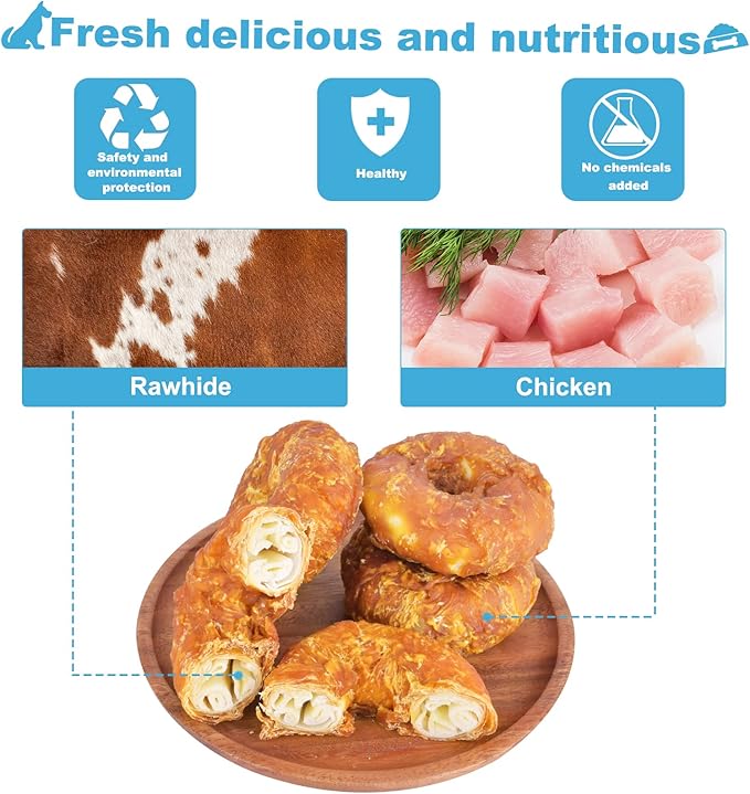 Dog Treats Long Lasting for Large Dog Clean Teeth Chicken Wrapped Rawhide Donuts 1lb/454g