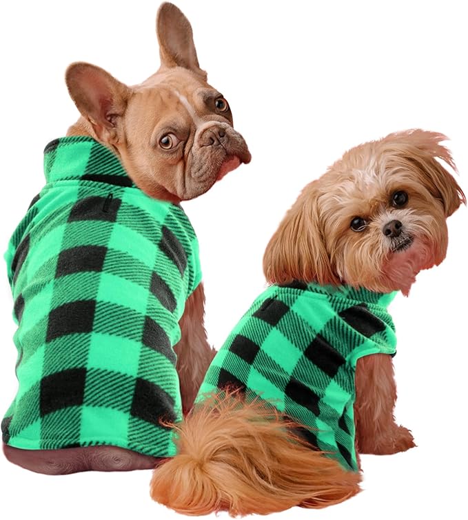 KAMA BRIDAL Spring Autumn Winter Coat Pullover Fleece Vest for Cats Small and Medium Dogs Thin Sweater Green & Black Plaid (Green, L)