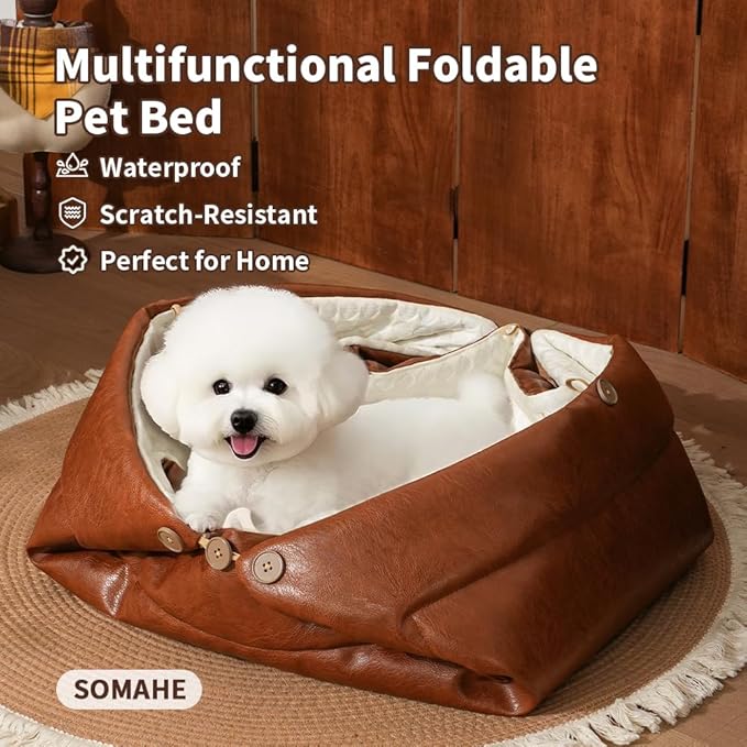 Cat Beds for Indoor Cats Dog Bed for Small Dogs 5 in 1 Function - Leather Mats Bed Cave Pillow Pad for Puppy & Kitten Four-Season 27.5 * 35.4inch Black