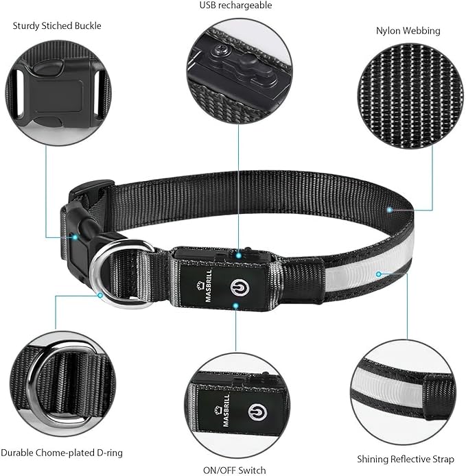 MASBRILL Light Up Dog Collars - LED Dog Collar Rechargeable Lighted Dog Collars for Night Resistant-Water Glow Dog Collar