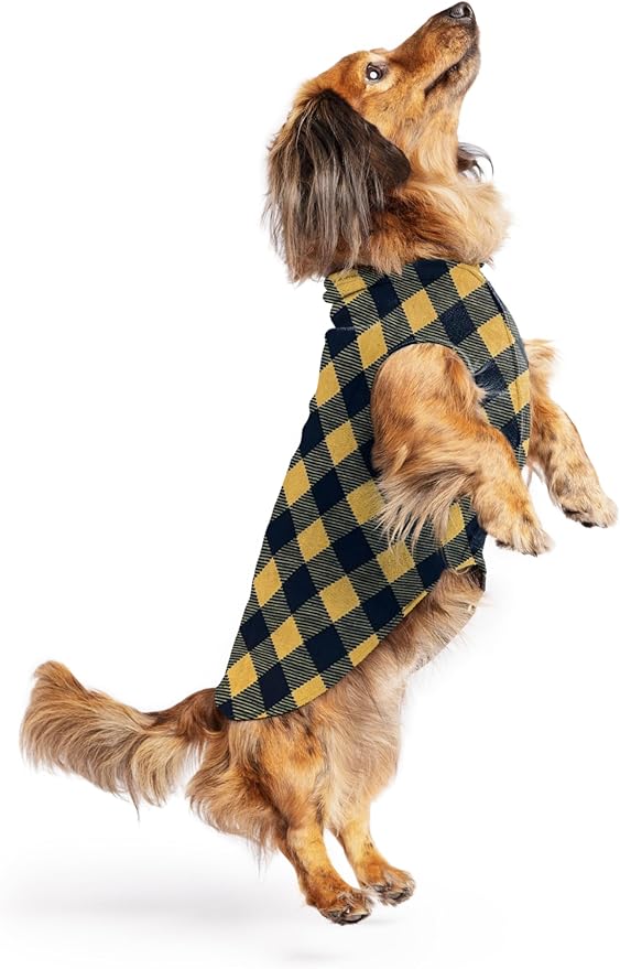 Goldpaw Stretchy Fleece Jacket for Small Dogs - Super Soft, Warm Dog Sweater - Pet Sweater Vest for Fall and Winter - Canine Clothes Made in The USA - Machine Washable - Gold Buffalo Check - Size 12