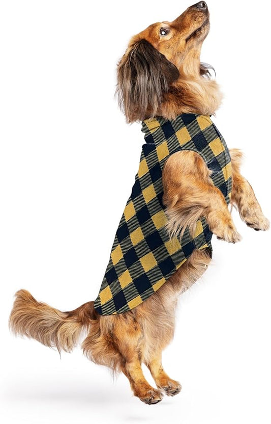 Goldpaw Stretchy Fleece Jacket for Small Dogs - Super Soft, Warm Dog Sweater - Pet Sweater Vest for Fall and Winter - Canine Clothes Made in The USA - Machine Washable - Gold Buffalo Check - Size 12