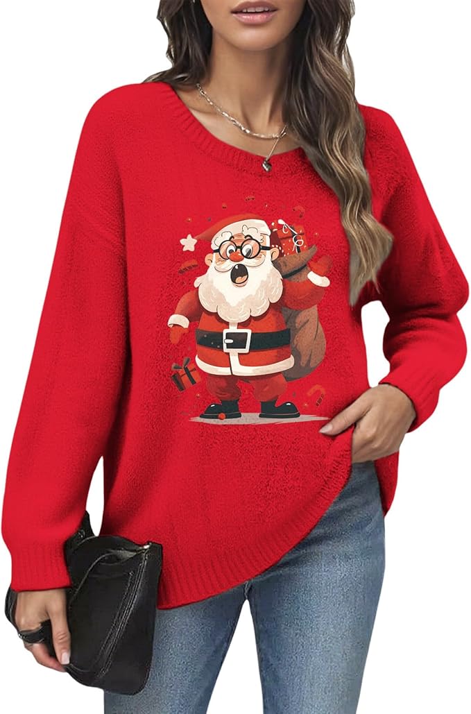 Women's Red Christmas Sweater - Festive Cartoon Patterns, Cozy Knit for Holiday Parties & Gatherings