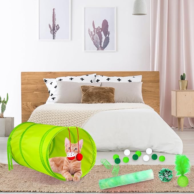 24 Pcs Cat Toys Set Interactive Kitten Toys Pack Including Collapsible Play Tunnel Feather Teaser Wand Fuzzy Ball Springs Pillow Mouse Bells for Indoor Cats Puppy (Green)