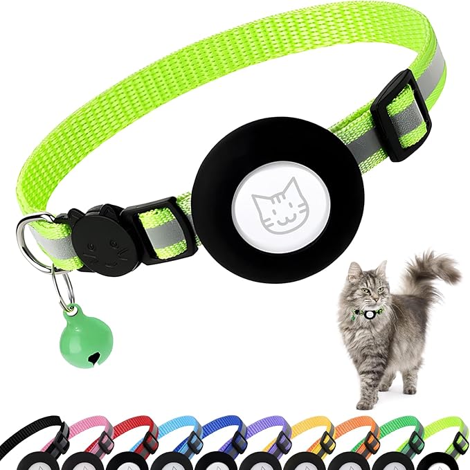 Airtag Cat Collar with Bell, Reflective Nylon Kitten Collar with Apple Air Tag Holder and Breakaway Safety Buckle for Puppy Girl Boy Cats, 3/8" in Width and Lightweight, Fluorescent