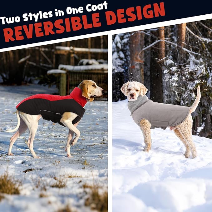 Warm Dog Coat,Waterproof Jacket in Winter Adjustable and Reversible Doggy Fleece Outfit,Thick Clothes with Foldable Collar for Puppy in Cold Days,XS Red
