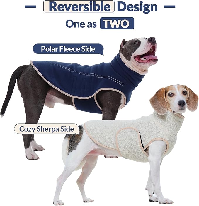 ROZKITCH Reversible Dog Jackets for Large Dogs, Thick Fleece Sherpa Sweater with Leash Hole & Embroidery, Adjustable Double-Sided Plush Sweatshirt for Medium Large Breeds DarkBlue XL