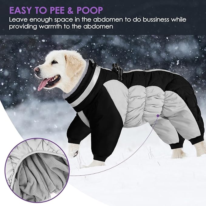 SUNFURA Full Body Dog Coat - Warm Fleece Jacket for Large Dogs, Turtleneck Winter Coats with Harness, Reflective Windproof Dog Snowsuit with Legs for Labrador,Golden Retriever, Black 2XL