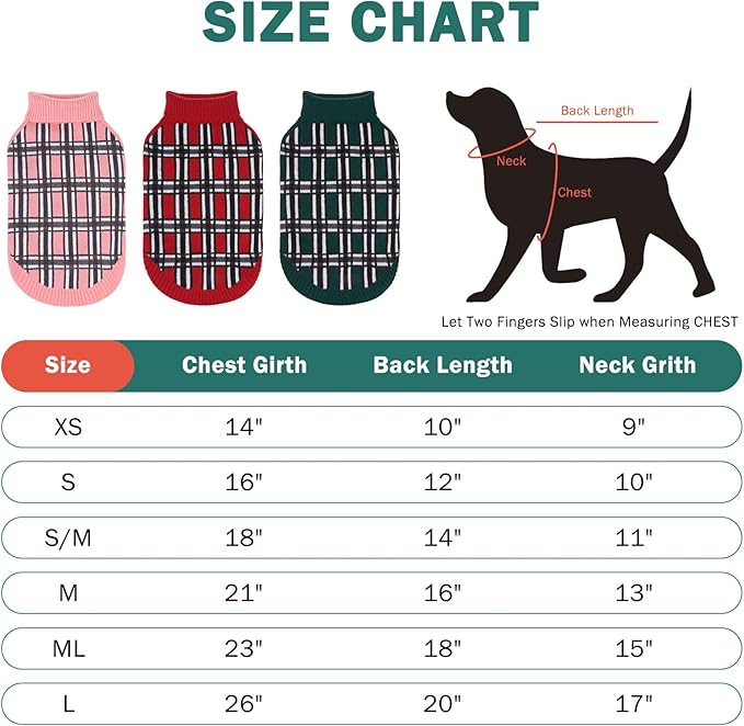 SCENEREAL Turtleneck Dog Sweater for Small Medium Large Dogs Girls Boys, Christmas Plaid Pullover Puppy Sweatershirt, Dogs Cold Weather Outfit Clothes, Ideal Gift for Pet in New Year, Green Plaid ML