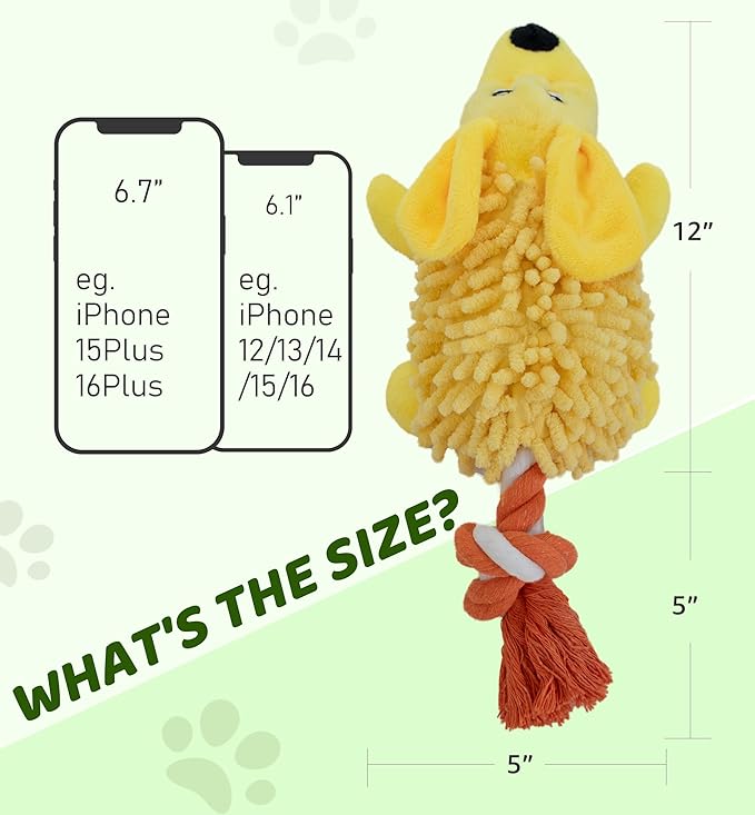 Squeaky Dog Toys - Plush Dog Toys with Soft Durable Fabric for Small Medium Large Breeds, Interactive Tug of War Rope Chew Toys, Teeth Cleaning, Dental Care, and Keep Dogs Busy (Puppy-Yellow)